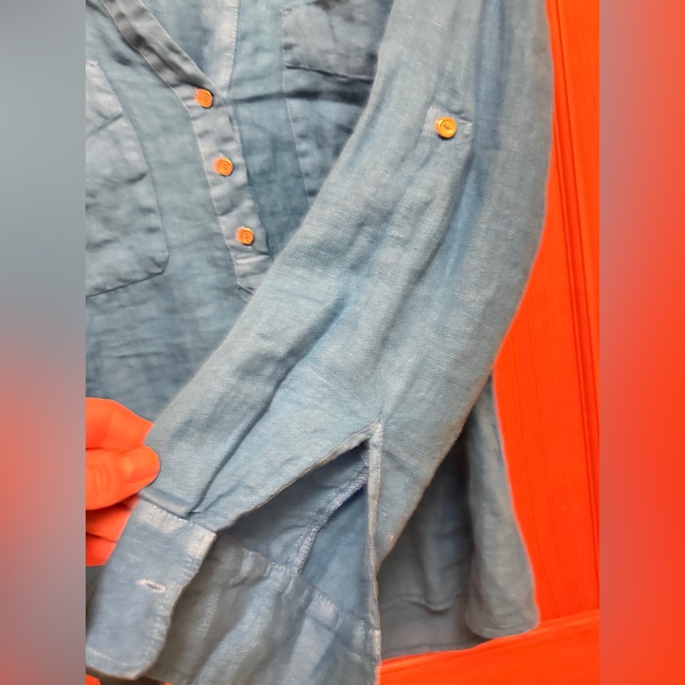 Zara Bright Blue Linen V-Neck Half Button Down Shirt - Picture 2 of 5